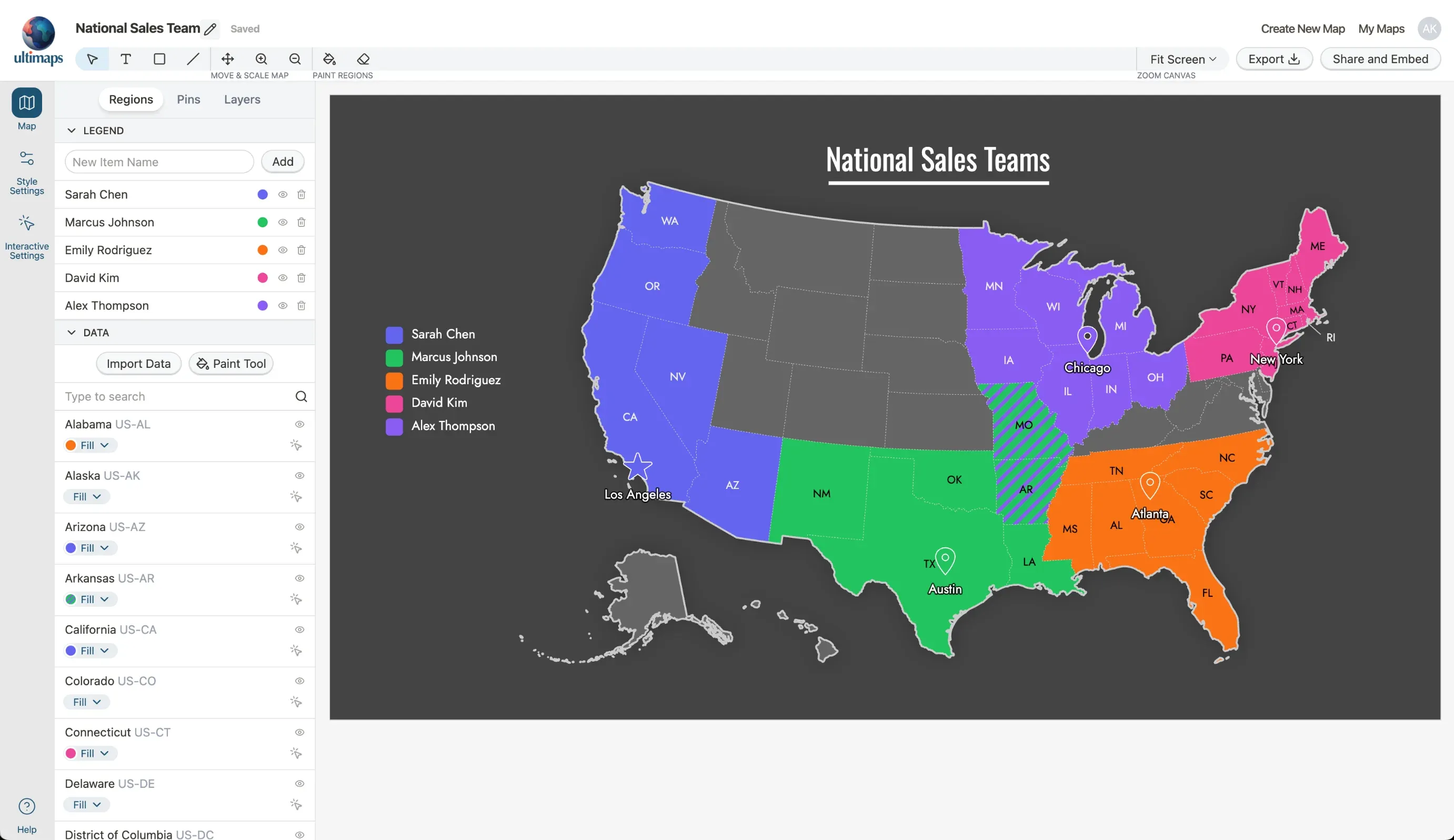 Ultimaps editor showing completed US territory map with five sales reps assigned to color-coded regions